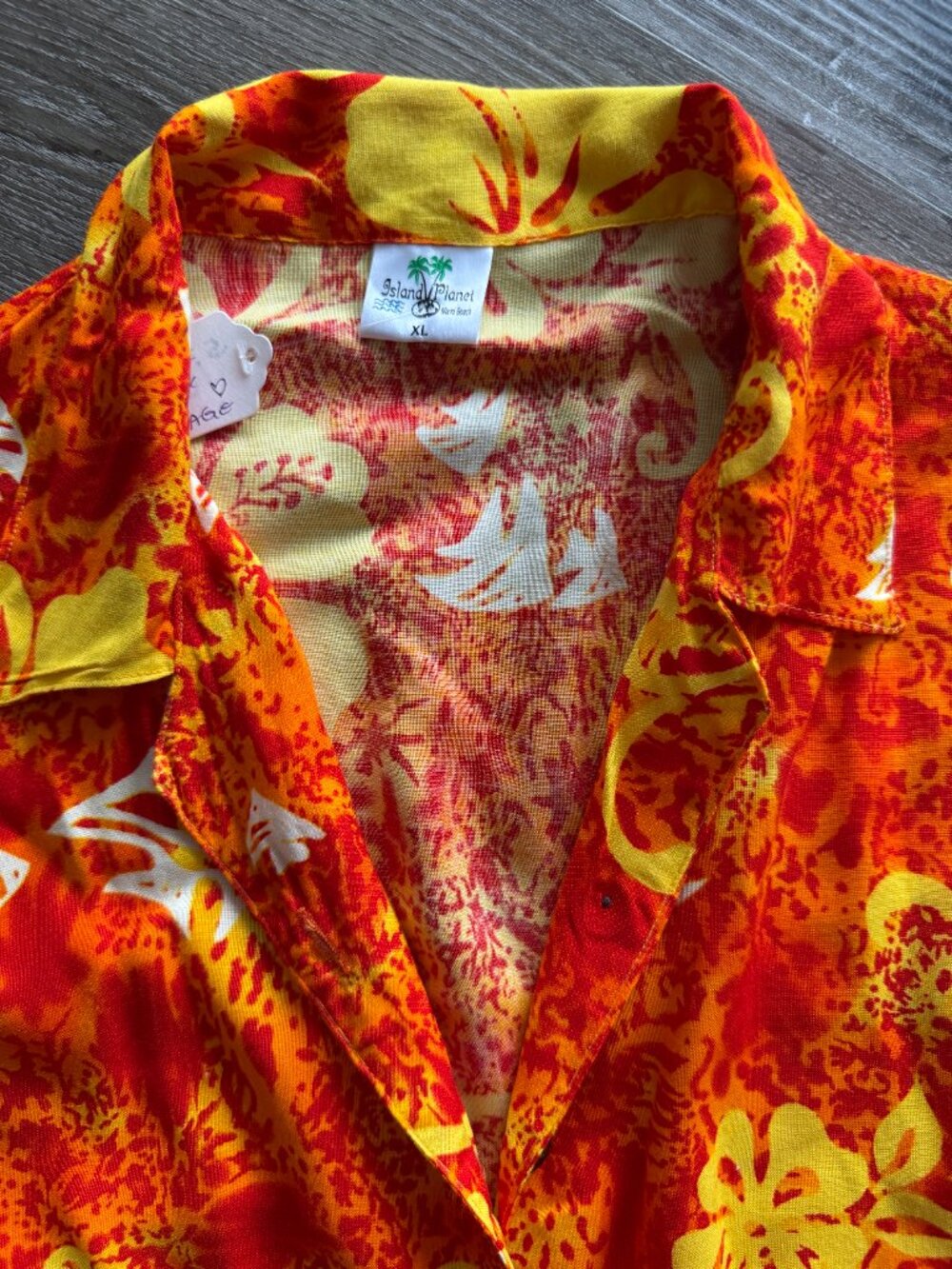 Vintage 90s Hawaiian Sleeveless Shirt | Orange Yellow Tropical Floral Camp Top - Picture 3 of 11